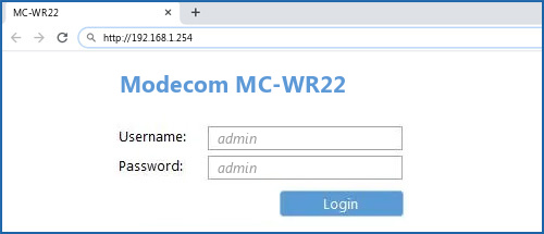 Modecom MC-WR22 router default login