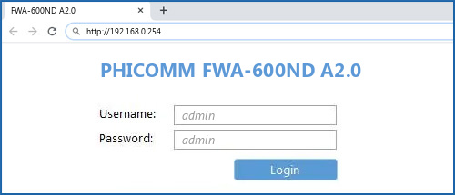 PHICOMM FWA-600ND A2.0 router default login