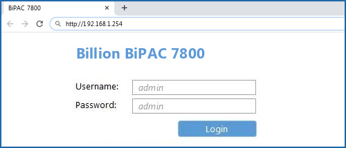 Billion BiPAC 7800 router default login