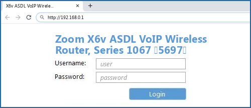 Zoom X6v ASDL VoIP Wireless Router, Series 1067 (5697) router default login