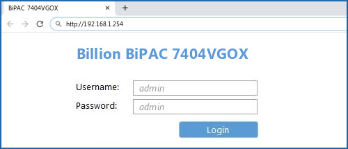 Billion BiPAC 7404VGOX router default login