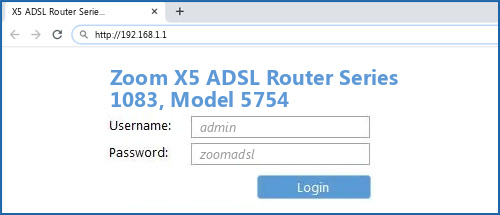 Zoom X5 ADSL Router Series 1083, Model 5754 router default login