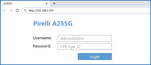 Pirelli A255G router default login