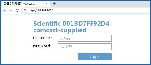 Scientific 001BD7FF92D4 comcast-supplied router default login