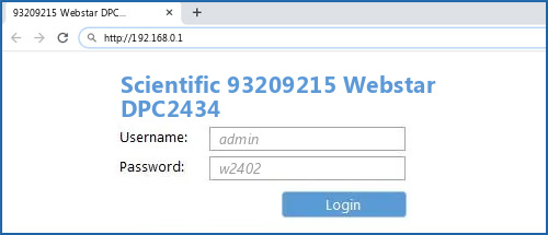 Scientific 93209215 Webstar DPC2434 router default login