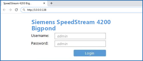 Siemens SpeedStream 4200 Bigpond router default login