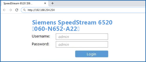 Siemens SpeedStream 6520 (060-N652-A22) router default login