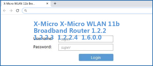 X-Micro X-Micro WLAN 11b Broadband Router 1.2.2  1.2.2.3  1.2.2.4  1.6.0.0 router default login