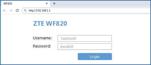 ZTE WF820 router default login