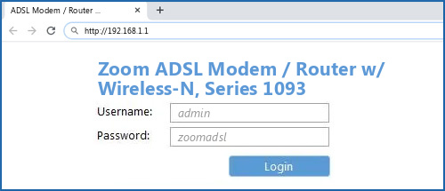 Zoom ADSL Modem / Router w/ Wireless-N, Series 1093 router default login