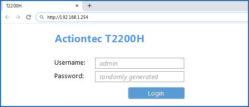 Actiontec T2200H router default login