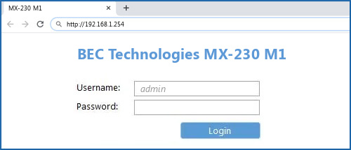 BEC Technologies MX-230 M1 router default login