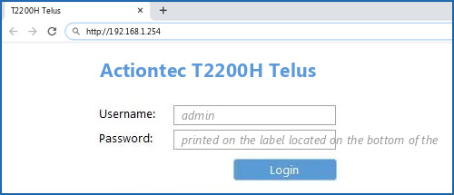 Actiontec T2200H Telus router default login