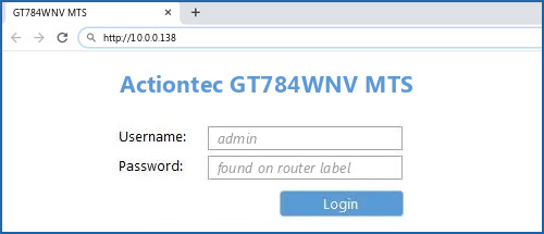 Actiontec GT784WNV MTS router default login