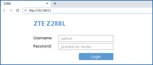 ZTE Z288L router default login