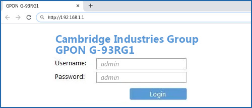 Cambridge Industries Group GPON G-93RG1 router default login